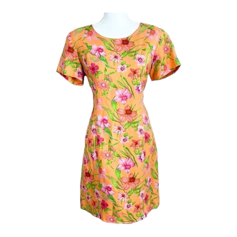 Chadwicks Vintage Orange & Pink Floral Linen Blend Short Sleeve Dress 10 Petite